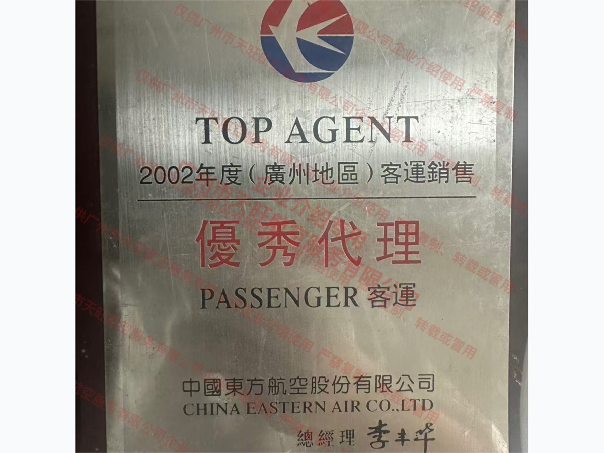 东航 2002 年度广州地区客运销售优秀代理