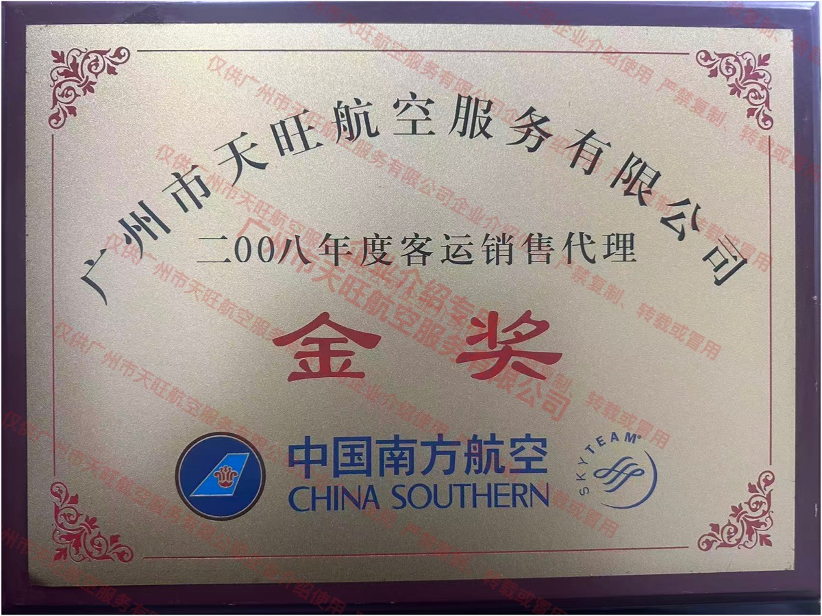 中国南方航空二零零八年度客运销售代理金奖