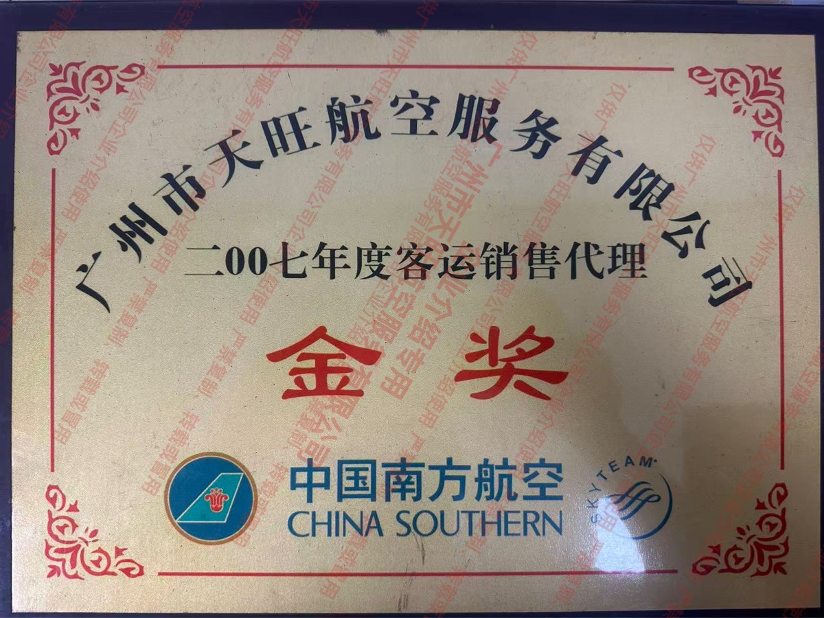 南航 2007 年度客运销售代理金奖